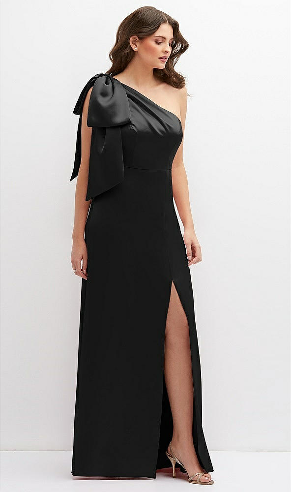 Front View - Black One-Shoulder Satin Maxi Dress with Chic Oversized Shoulder Bow
