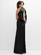 Rear View Thumbnail - Black One-Shoulder Satin Maxi Dress with Chic Oversized Shoulder Bow