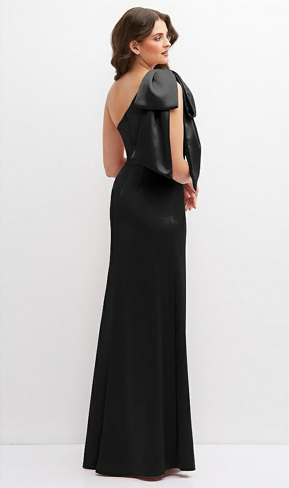 Back View - Black One-Shoulder Satin Maxi Dress with Chic Oversized Shoulder Bow