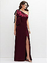 Front View Thumbnail - Cabernet One-Shoulder Satin Maxi Dress with Chic Oversized Shoulder Bow