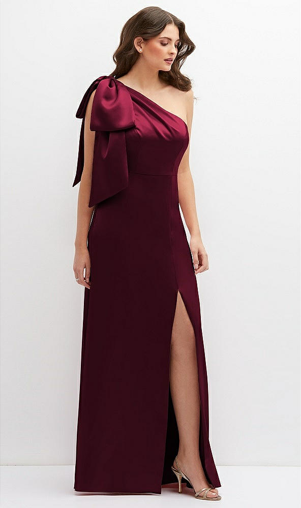 Front View - Cabernet One-Shoulder Satin Maxi Dress with Chic Oversized Shoulder Bow