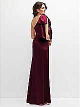 Rear View Thumbnail - Cabernet One-Shoulder Satin Maxi Dress with Chic Oversized Shoulder Bow