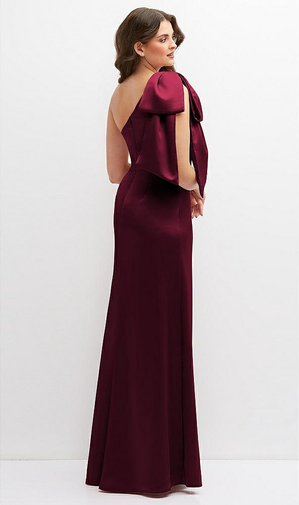 Back View - Cabernet One-Shoulder Satin Maxi Dress with Chic Oversized Shoulder Bow