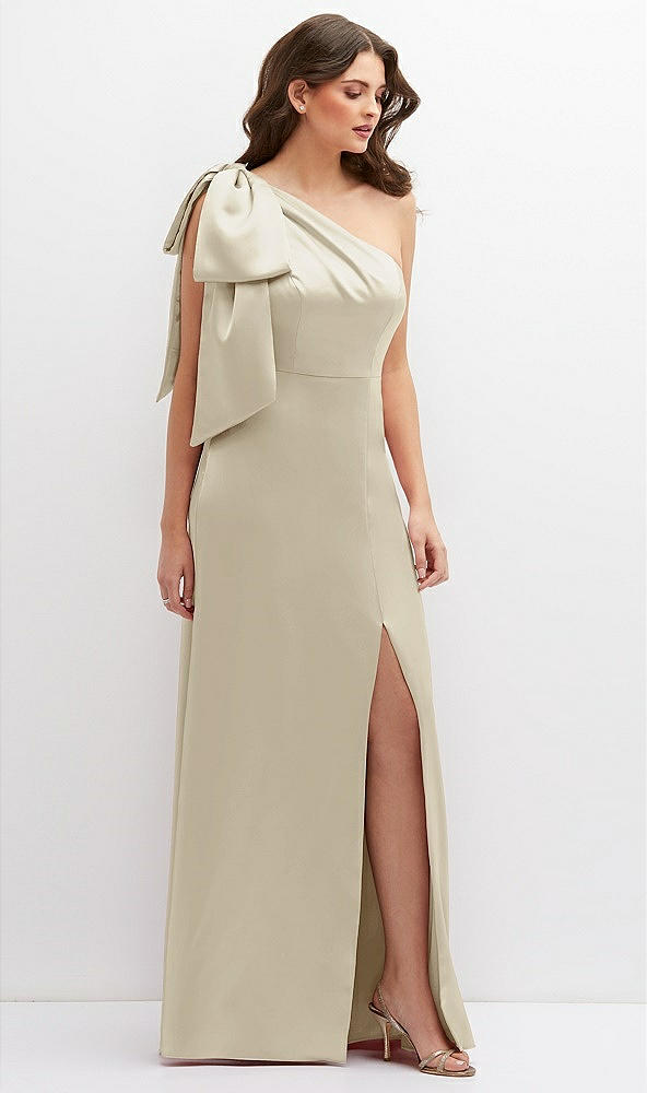Front View - Champagne One-Shoulder Satin Maxi Dress with Chic Oversized Shoulder Bow
