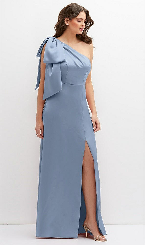 Front View - Cloudy One-Shoulder Satin Maxi Dress with Chic Oversized Shoulder Bow