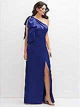 Front View Thumbnail - Cobalt Blue One-Shoulder Satin Maxi Dress with Chic Oversized Shoulder Bow