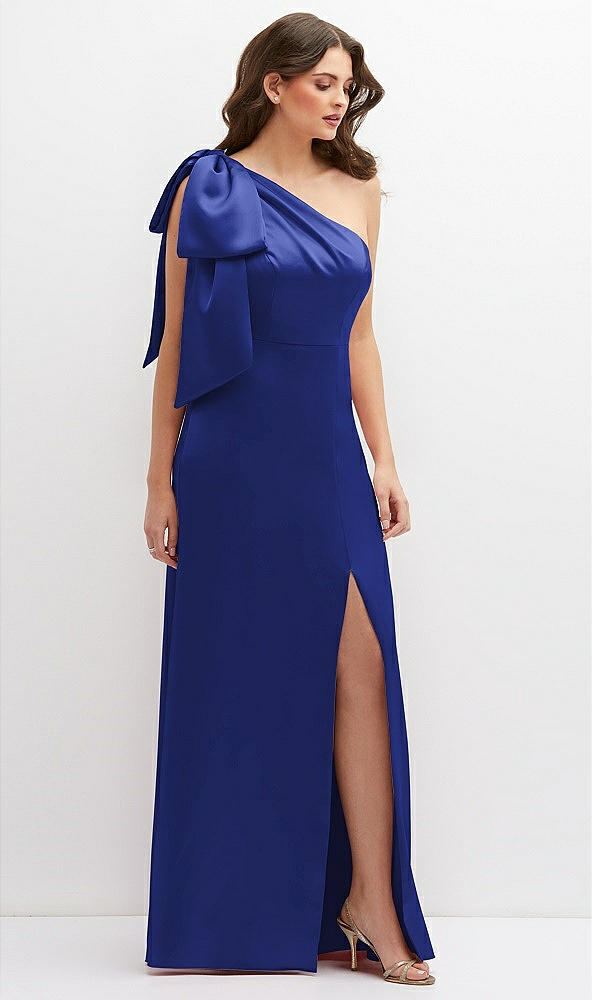 Front View - Cobalt Blue One-Shoulder Satin Maxi Dress with Chic Oversized Shoulder Bow