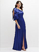 Side View Thumbnail - Cobalt Blue One-Shoulder Satin Maxi Dress with Chic Oversized Shoulder Bow
