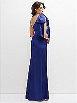 Rear View Thumbnail - Cobalt Blue One-Shoulder Satin Maxi Dress with Chic Oversized Shoulder Bow