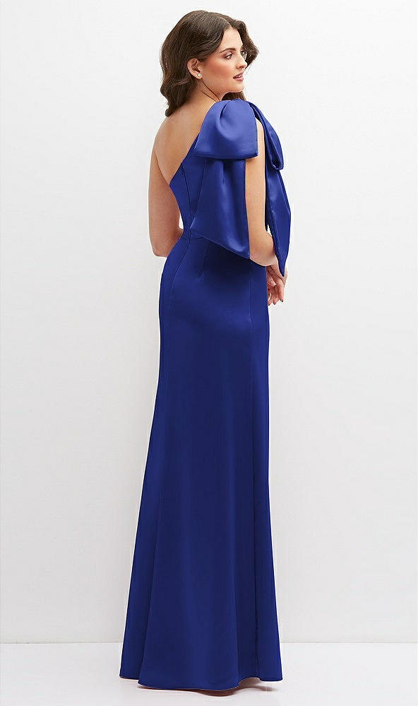 Back View - Cobalt Blue One-Shoulder Satin Maxi Dress with Chic Oversized Shoulder Bow