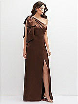 Front View Thumbnail - Cognac One-Shoulder Satin Maxi Dress with Chic Oversized Shoulder Bow