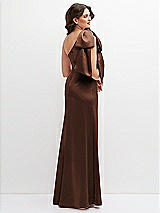 Rear View Thumbnail - Cognac One-Shoulder Satin Maxi Dress with Chic Oversized Shoulder Bow