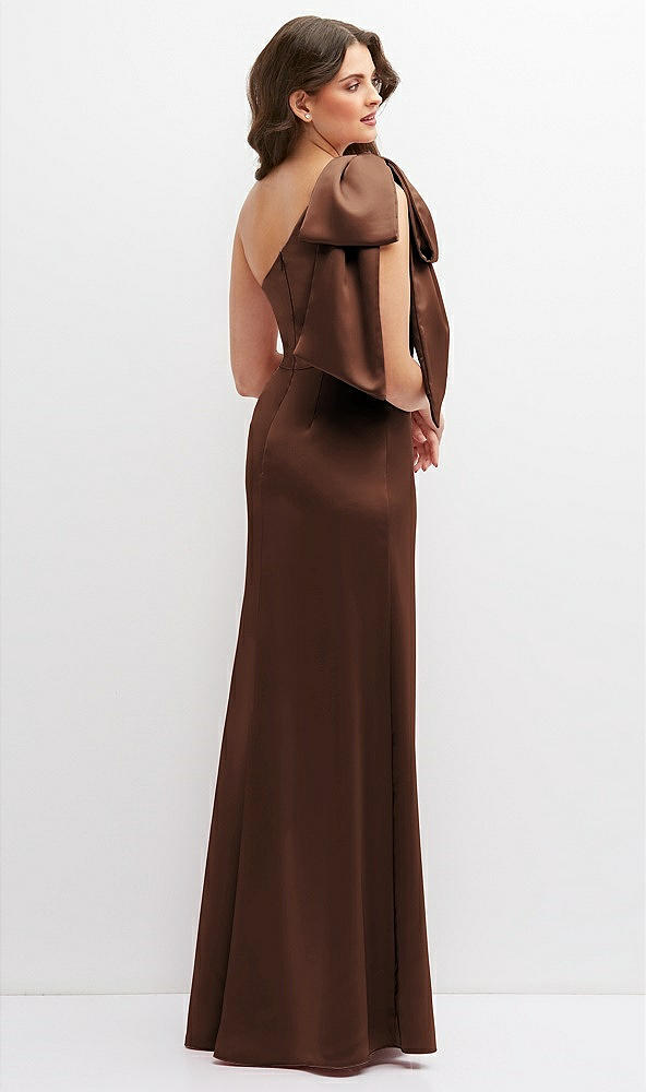 Back View - Cognac One-Shoulder Satin Maxi Dress with Chic Oversized Shoulder Bow