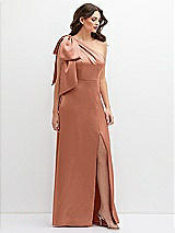 Front View Thumbnail - Copper Penny One-Shoulder Satin Maxi Dress with Chic Oversized Shoulder Bow