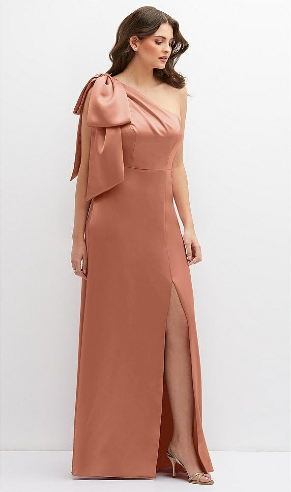 Front View - Copper Penny One-Shoulder Satin Maxi Dress with Chic Oversized Shoulder Bow