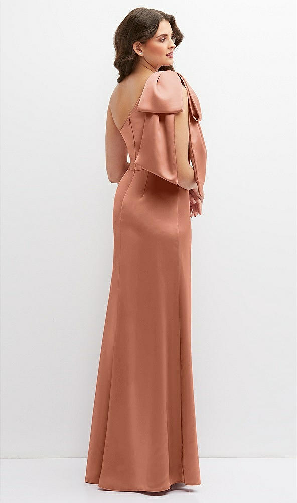 Back View - Copper Penny One-Shoulder Satin Maxi Dress with Chic Oversized Shoulder Bow