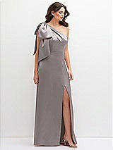 Front View Thumbnail - Cashmere Gray One-Shoulder Satin Maxi Dress with Chic Oversized Shoulder Bow