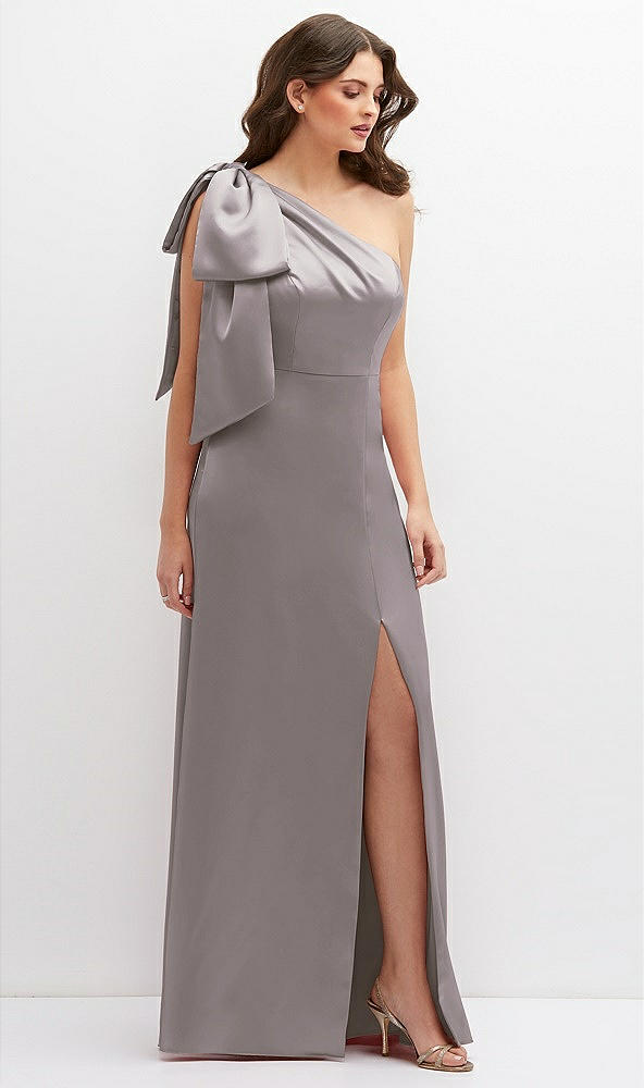 Front View - Cashmere Gray One-Shoulder Satin Maxi Dress with Chic Oversized Shoulder Bow