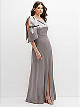Side View Thumbnail - Cashmere Gray One-Shoulder Satin Maxi Dress with Chic Oversized Shoulder Bow