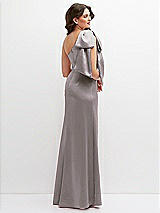 Rear View Thumbnail - Cashmere Gray One-Shoulder Satin Maxi Dress with Chic Oversized Shoulder Bow