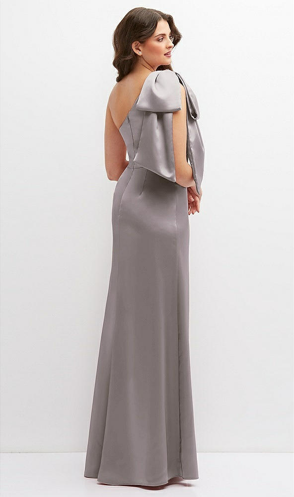 Back View - Cashmere Gray One-Shoulder Satin Maxi Dress with Chic Oversized Shoulder Bow