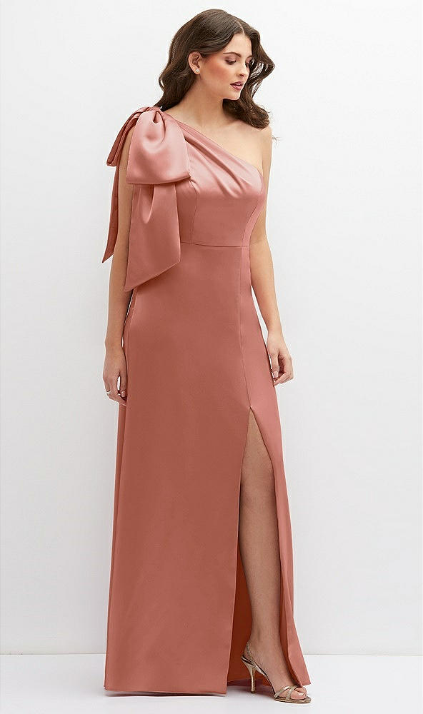 Front View - Desert Rose One-Shoulder Satin Maxi Dress with Chic Oversized Shoulder Bow