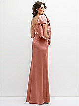 Rear View Thumbnail - Desert Rose One-Shoulder Satin Maxi Dress with Chic Oversized Shoulder Bow