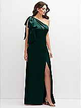 Front View Thumbnail - Evergreen One-Shoulder Satin Maxi Dress with Chic Oversized Shoulder Bow