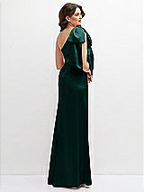 Rear View Thumbnail - Evergreen One-Shoulder Satin Maxi Dress with Chic Oversized Shoulder Bow