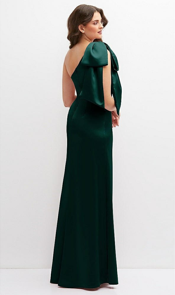 Back View - Evergreen One-Shoulder Satin Maxi Dress with Chic Oversized Shoulder Bow