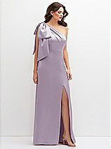 Front View Thumbnail - Lilac Haze One-Shoulder Satin Maxi Dress with Chic Oversized Shoulder Bow