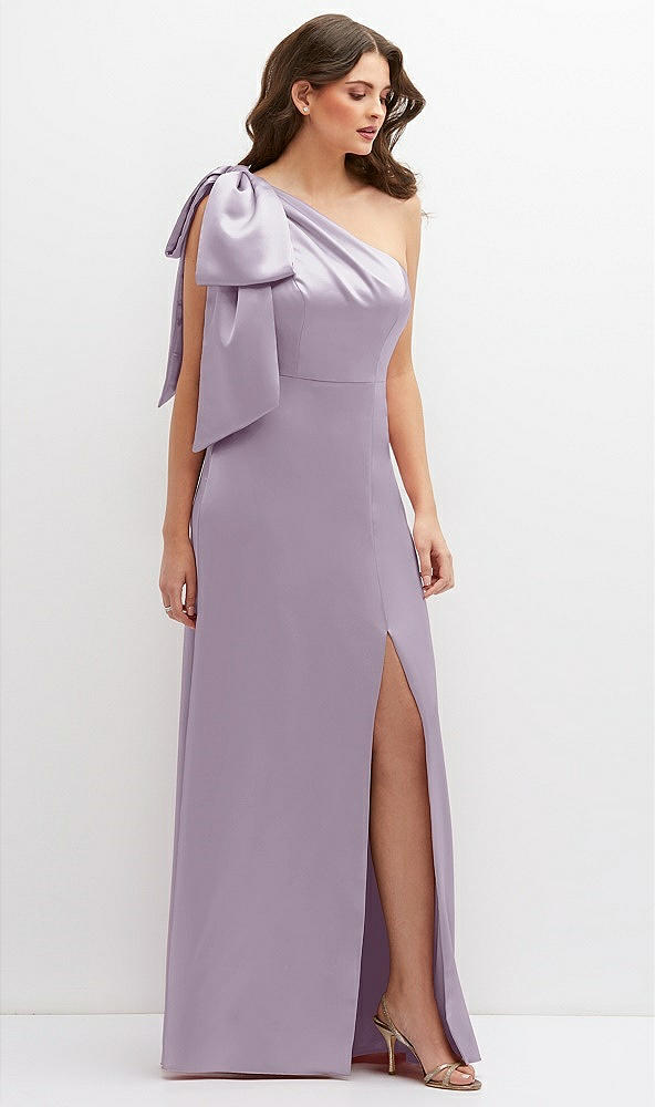 Front View - Lilac Haze One-Shoulder Satin Maxi Dress with Chic Oversized Shoulder Bow