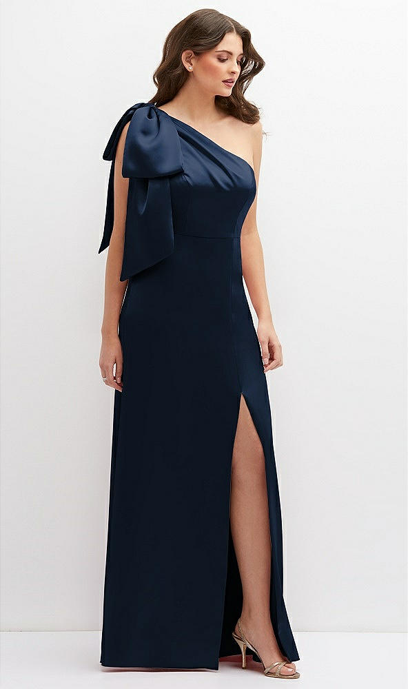 Front View - Midnight Navy One-Shoulder Satin Maxi Dress with Chic Oversized Shoulder Bow