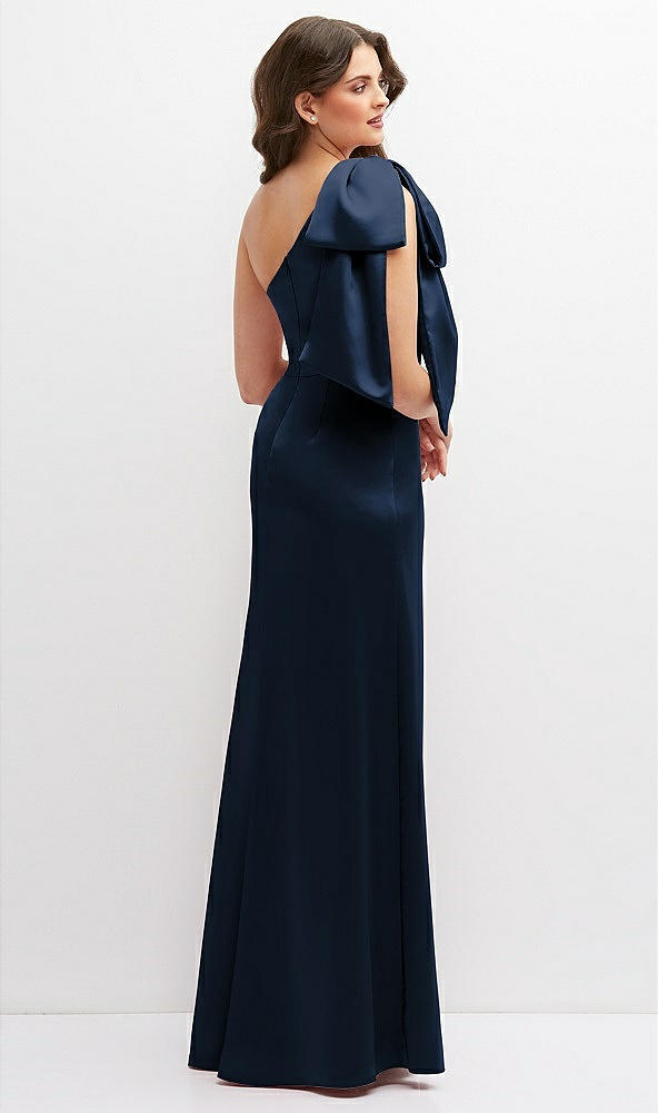Back View - Midnight Navy One-Shoulder Satin Maxi Dress with Chic Oversized Shoulder Bow