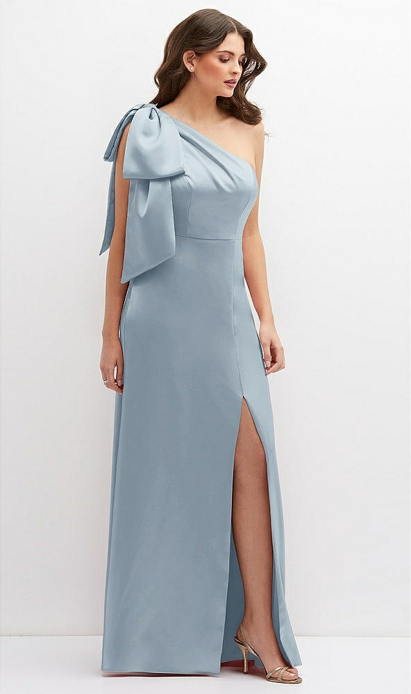 Front View - Mist One-Shoulder Satin Maxi Dress with Chic Oversized Shoulder Bow