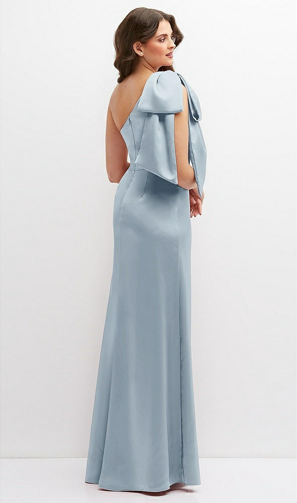 Back View - Mist One-Shoulder Satin Maxi Dress with Chic Oversized Shoulder Bow