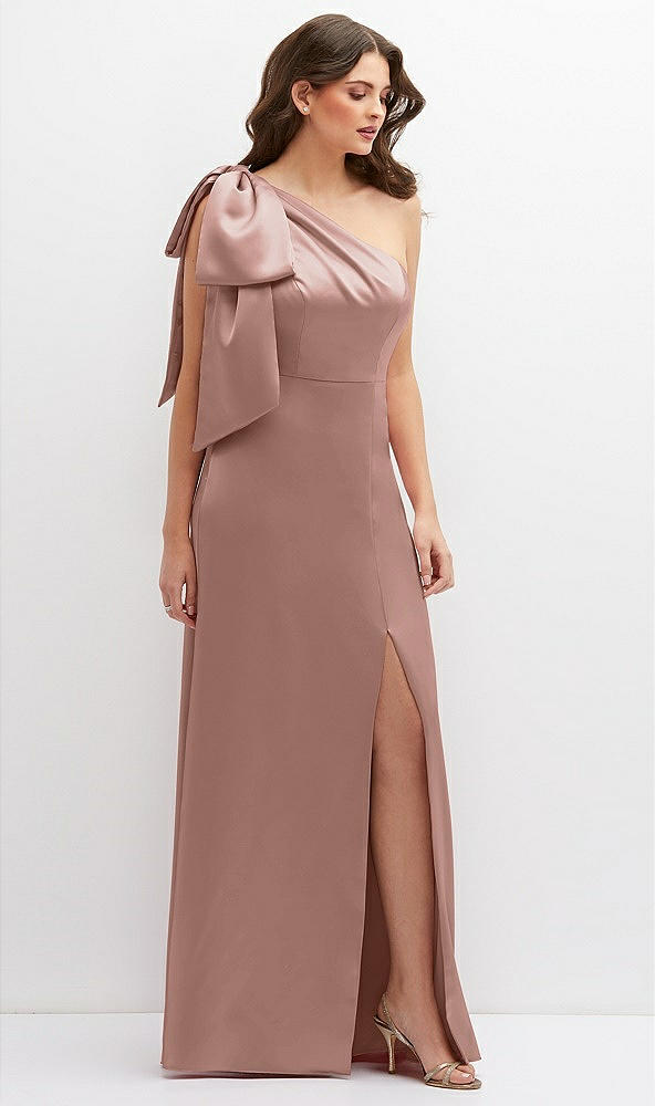 Front View - Neu Nude One-Shoulder Satin Maxi Dress with Chic Oversized Shoulder Bow