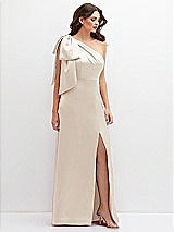 Front View Thumbnail - Oat One-Shoulder Satin Maxi Dress with Chic Oversized Shoulder Bow