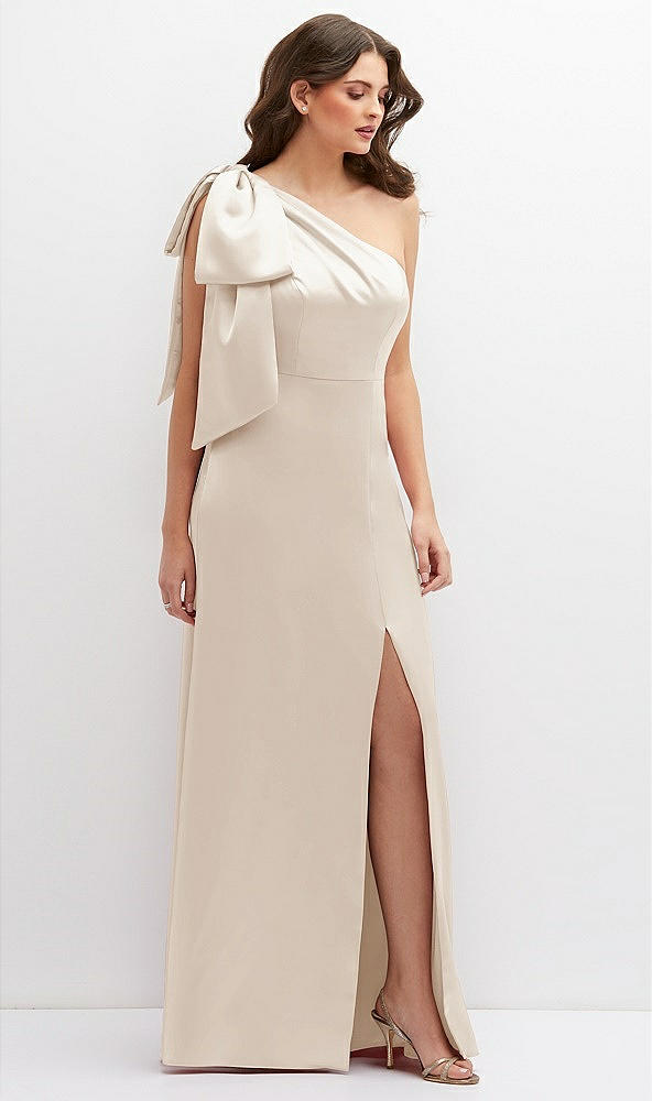 Front View - Oat One-Shoulder Satin Maxi Dress with Chic Oversized Shoulder Bow