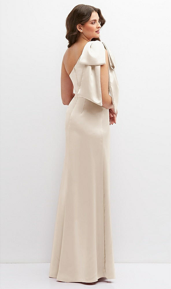 Back View - Oat One-Shoulder Satin Maxi Dress with Chic Oversized Shoulder Bow