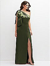 Front View Thumbnail - Olive Green One-Shoulder Satin Maxi Dress with Chic Oversized Shoulder Bow