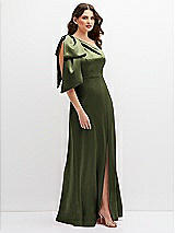 Side View Thumbnail - Olive Green One-Shoulder Satin Maxi Dress with Chic Oversized Shoulder Bow