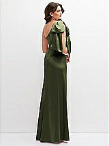Rear View Thumbnail - Olive Green One-Shoulder Satin Maxi Dress with Chic Oversized Shoulder Bow