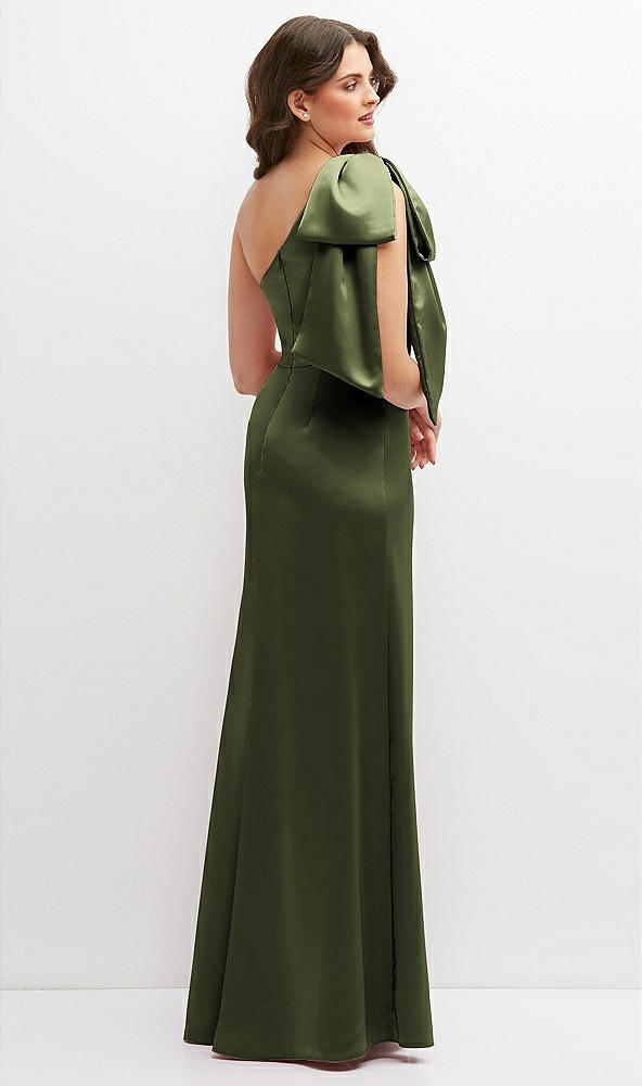 Back View - Olive Green One-Shoulder Satin Maxi Dress with Chic Oversized Shoulder Bow