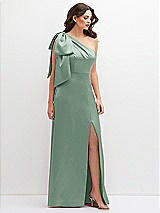 Front View Thumbnail - Seagrass One-Shoulder Satin Maxi Dress with Chic Oversized Shoulder Bow