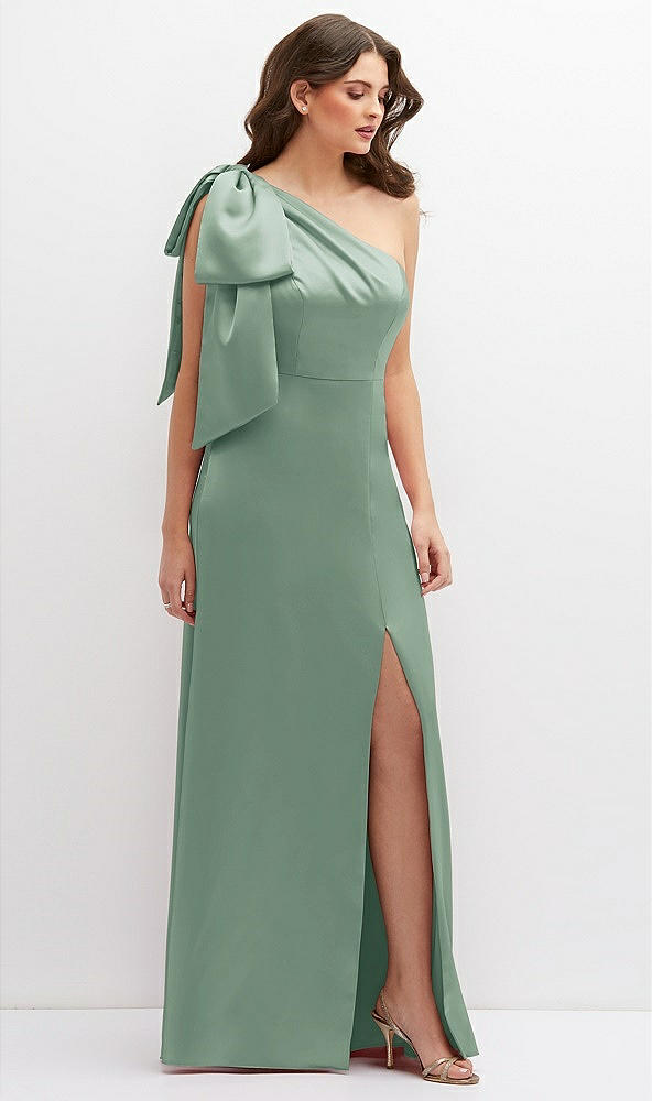 Front View - Seagrass One-Shoulder Satin Maxi Dress with Chic Oversized Shoulder Bow