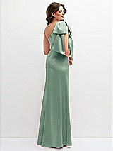 Rear View Thumbnail - Seagrass One-Shoulder Satin Maxi Dress with Chic Oversized Shoulder Bow