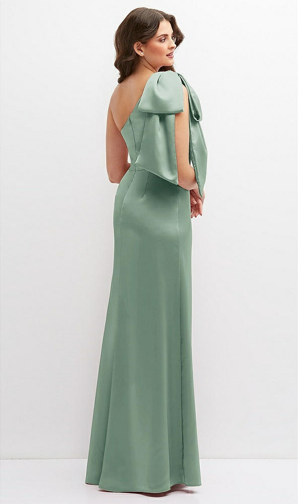 Back View - Seagrass One-Shoulder Satin Maxi Dress with Chic Oversized Shoulder Bow