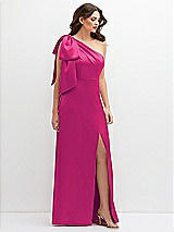 Front View Thumbnail - Think Pink One-Shoulder Satin Maxi Dress with Chic Oversized Shoulder Bow