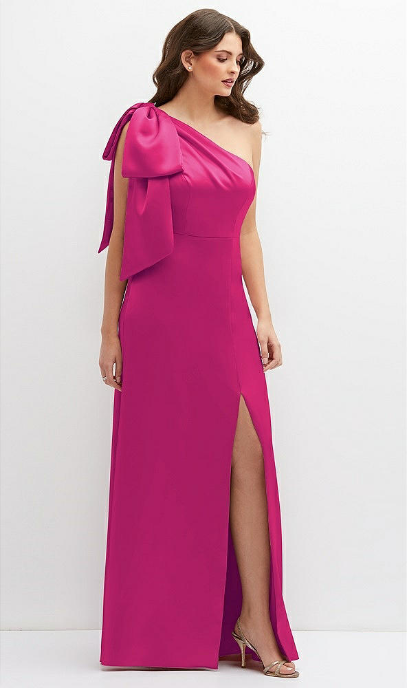 Front View - Think Pink One-Shoulder Satin Maxi Dress with Chic Oversized Shoulder Bow